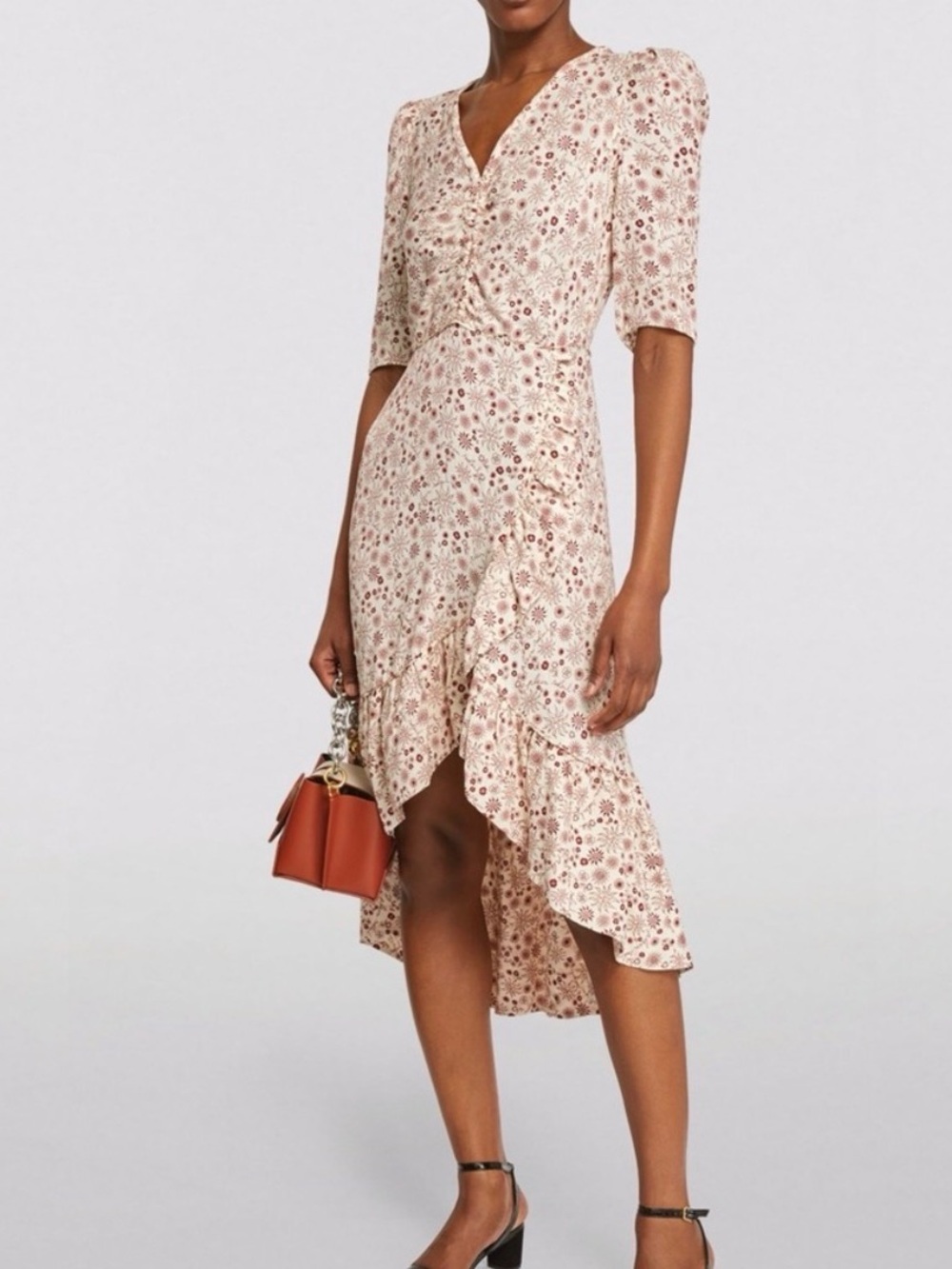 Sandro Cream and Dusty Pink Floral High-Low Midi Dress